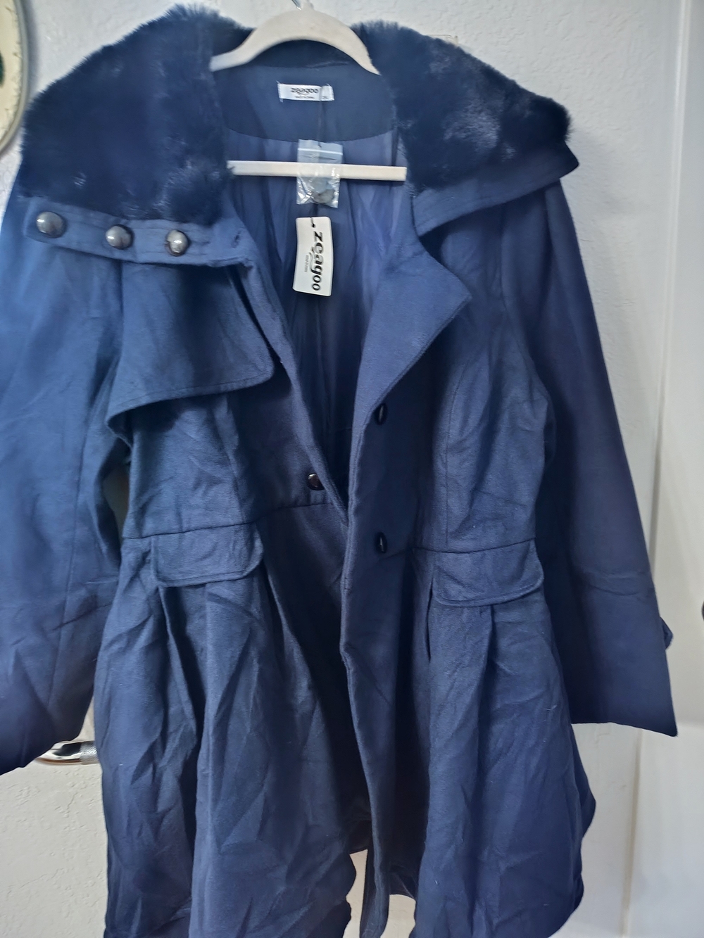zeagoo Navy Faux Fur Collar Trench Coat